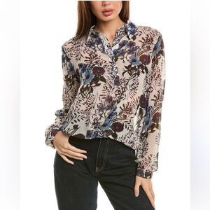 CAbi L Victoria Winter Floral Long Sleeve Front Tuck High Low Long Sleeve Blouse